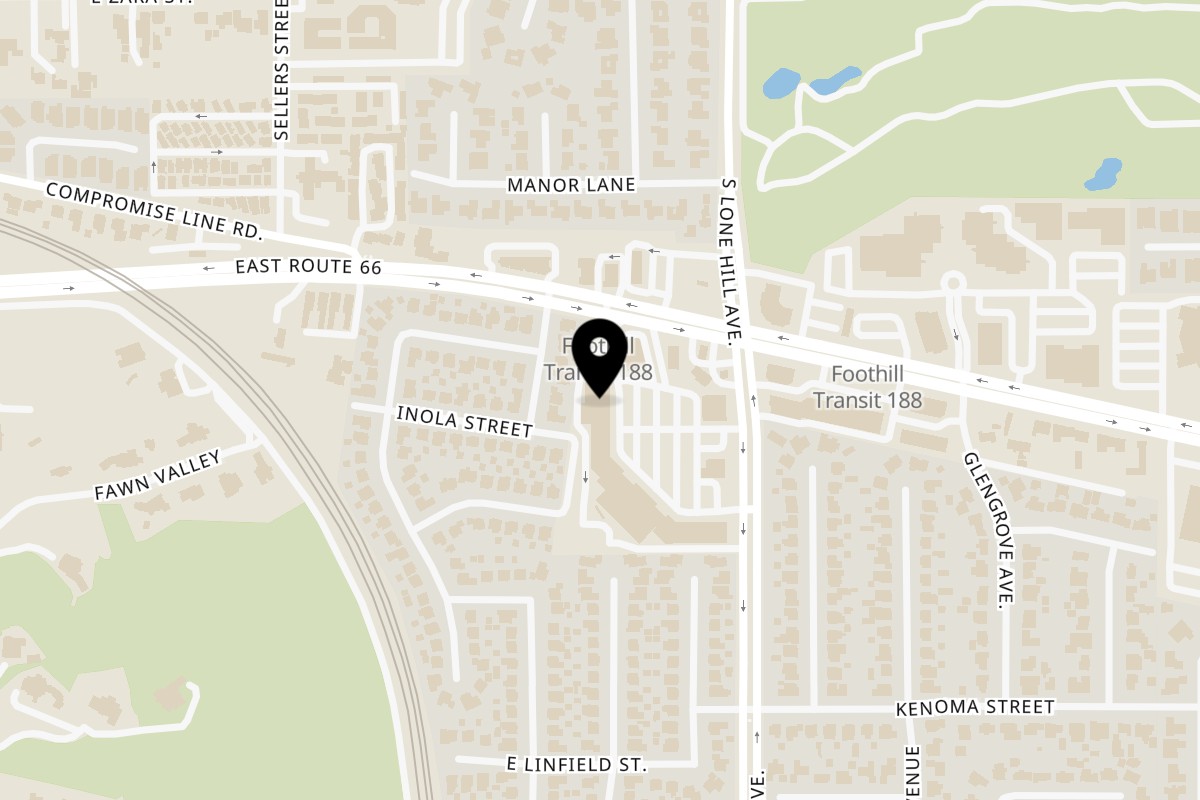 Map showing the location of Mi Sabor Mexican Kitchen on 1810 E Rte 66 in Glendora